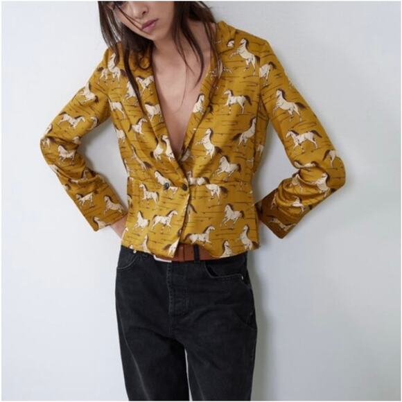 Zara Satin Horse Print Western Blazer Boho Equestrian Jacket Size XS - Picture 1 of 8